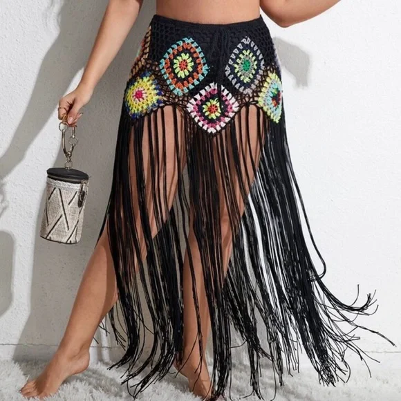 NWT SHEIN Curve Fringe Crochet Festival Skirt - Swimsuit Beach Coverup - Size 2X - Picture 1 of 7